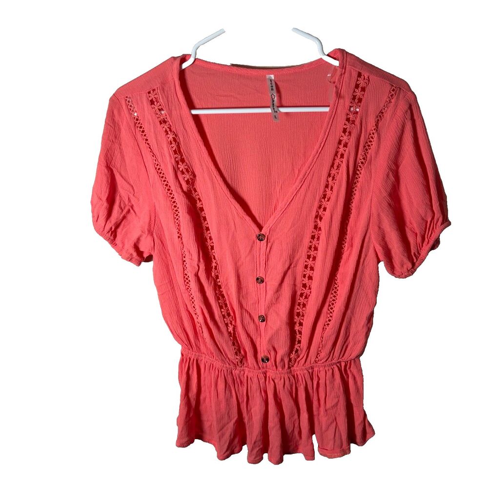 Icon Apparel Blouse Women's Large Pink Boho V-Neck Lace Button Casual Top